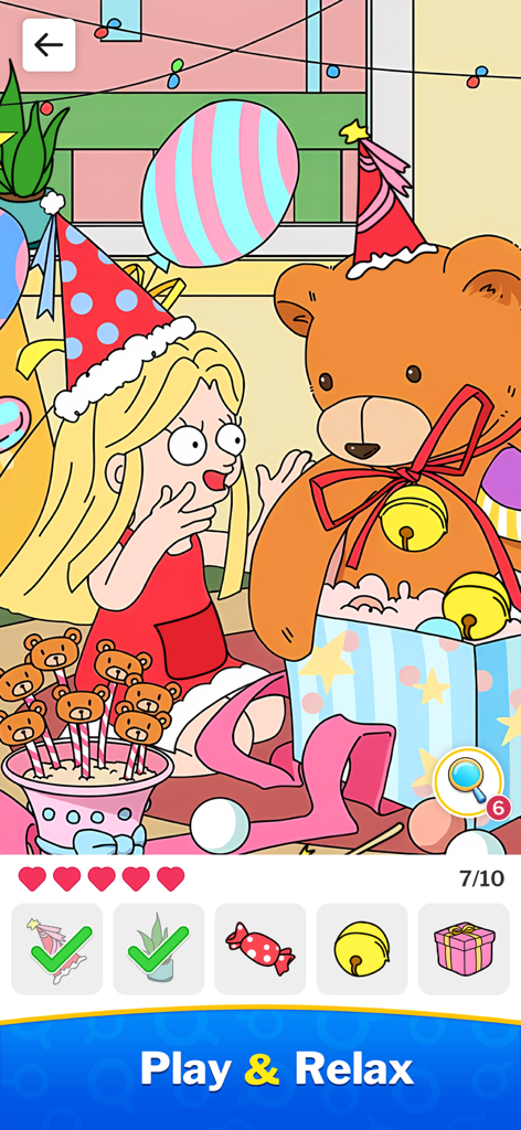 Cartoon party scene in a hidden object game featuring a girl and a large teddy bear.