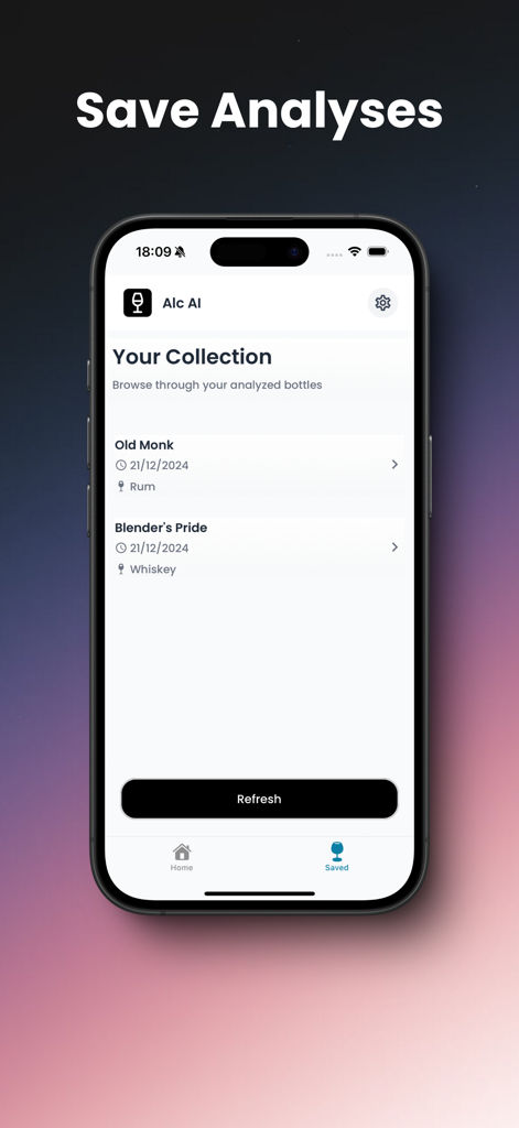 Alc AI - iPhone screenshot showing the Alc AI app Your Collection screen with saved analyses for Old Monk rum and Blenders Pride whiskey