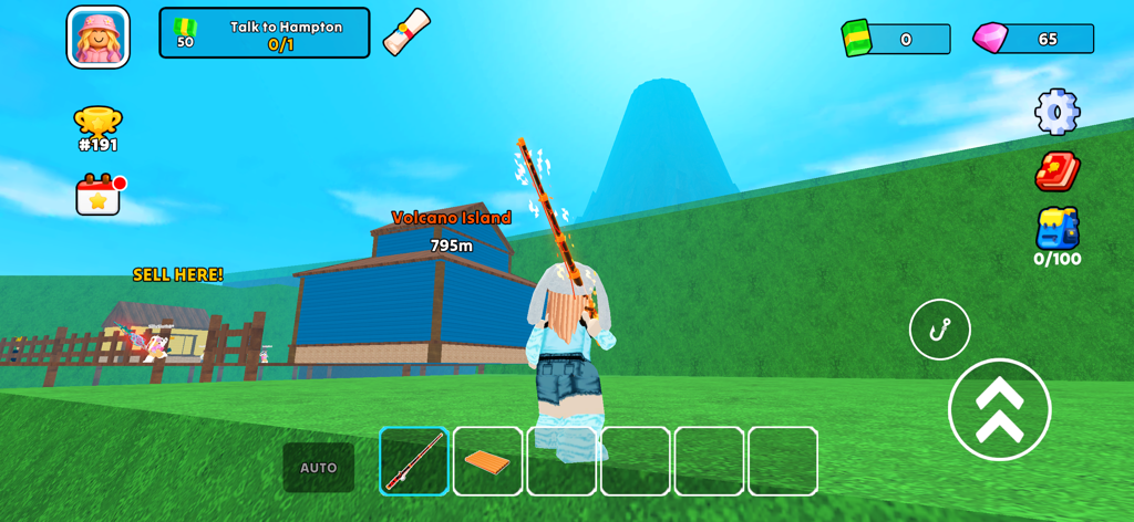 푸른 건물과 멀리 보이는 화산 앞에 푸른 잔디밭에 서서 낚싯대를 들고 있는 캐릭터