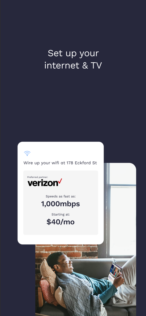 Updater: Essential Moving App - A mobile app screen for the Updater app showing a Verizon internet and TV plan offer for a new home address.