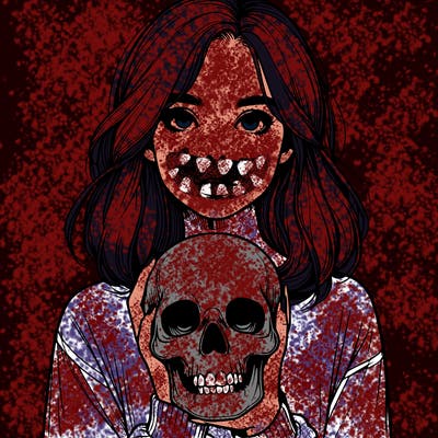 realistic girl holding a skull