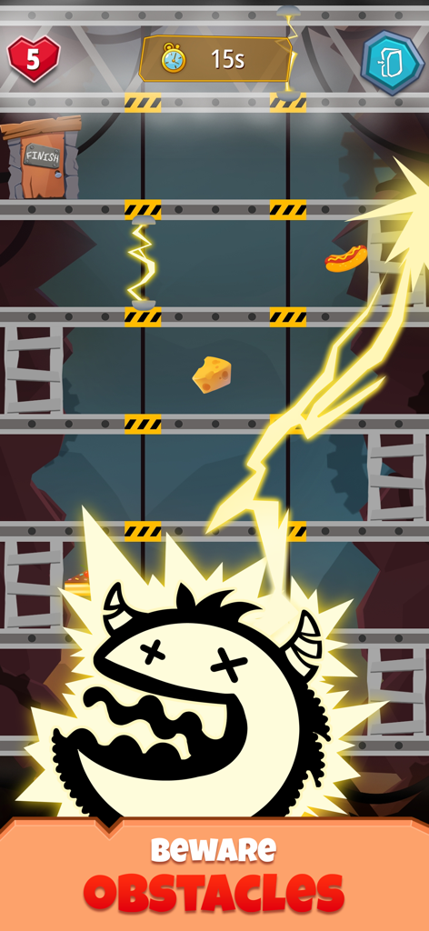 Run Up - Nifty-Lifty - Personaje Spike golpeado por un rayo en el juego arcade Run Up con texto de advertencia de obstáculos