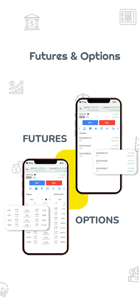 Une capture d'écran de l'application FLATTRADE présentant son interface de trading de Futures et Options sur deux smartphones.