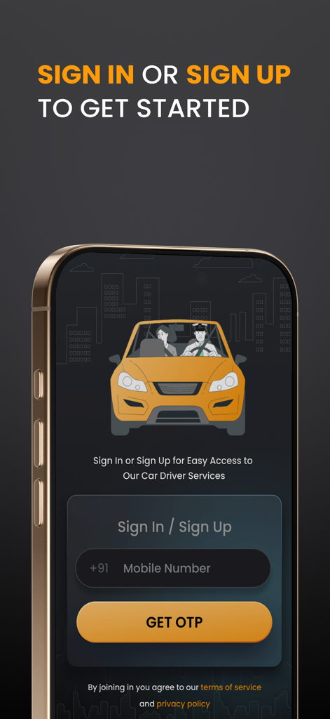 CarChalak - Pantalla de inicio de sesión de la aplicación móvil CarChalak mostrando la entrada del número de móvil y el botón 'obtener OTP'.
