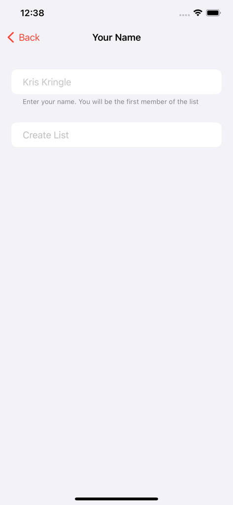 Setup screen in the Simple Secret Santa app for entering a name to create a gift exchange list