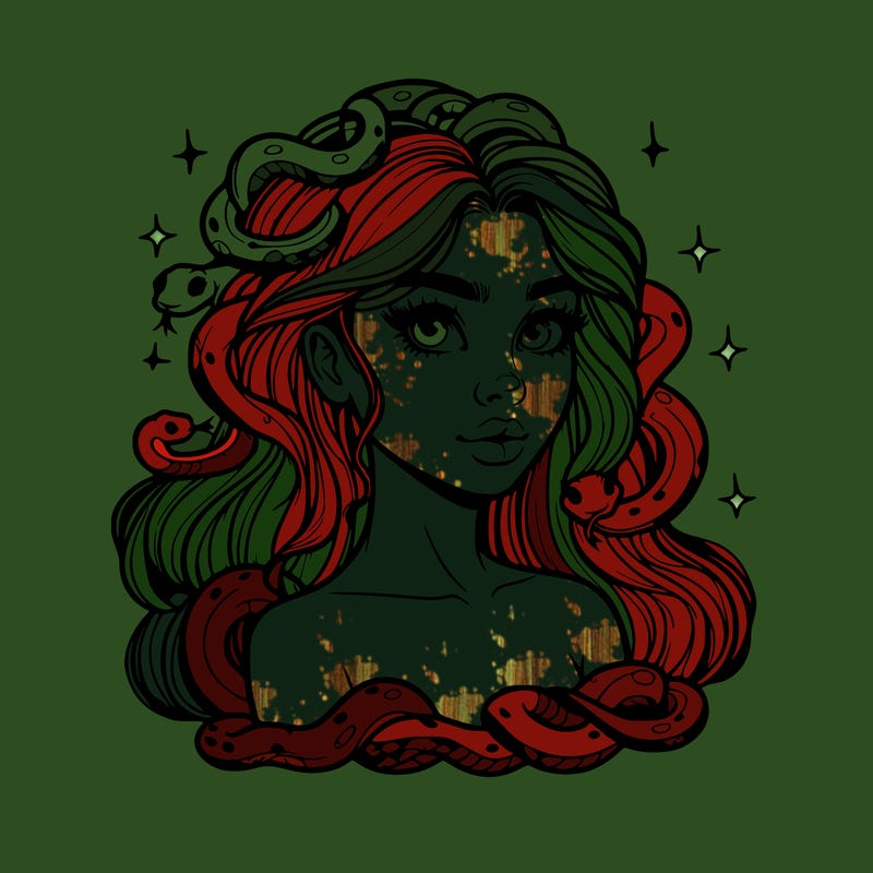 realistic girl with snakes as hair