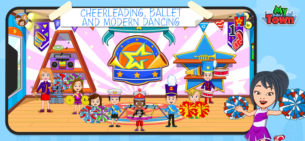 My Town - Dance School Stories - Digital dollhouse scene from My Town Dance School showing characters in cheerleading and marching band outfits with musical instruments.