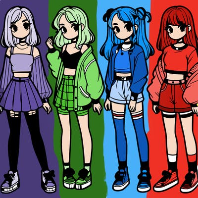 one girl with crop-top shirt and a jacket with a skirt, long socks and another girl with a shirt and pants with a jacket