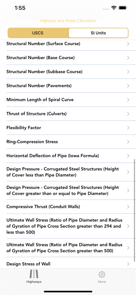 Highways & Roadwork Calculator - Interfaccia dell'app Calcolatrice Autostrade e Lavori Stradali che mostra un elenco di opzioni di calcolo di ingegneria civile.