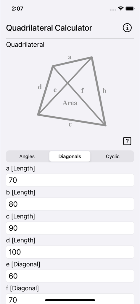 Quadrilateral Calculator app screen for calculating area using diagonals