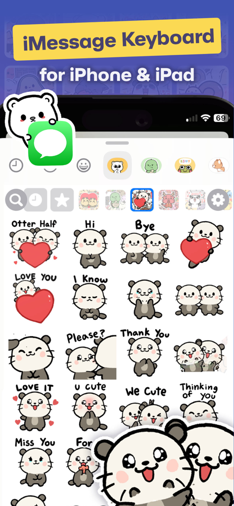 Sticker Book for iMessage - A screenshot of the Sticker Book app showing a collection of cute otter stickers on an iMessage keyboard for iPhone and iPad.