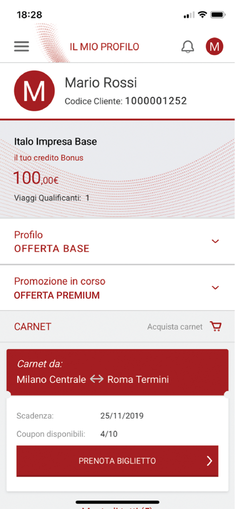 Schermata del profilo dell'app Italo Impresa che mostra informazioni utente, credito bonus e dettagli del carnet business per viaggi in treno.