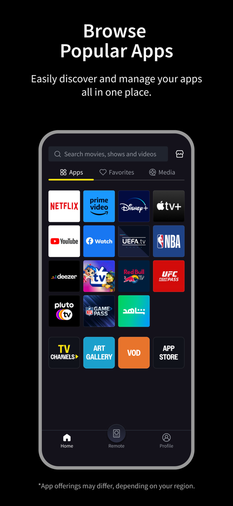 VIDAA - Benutzeroberfläche der VIDAA Smart Remote App mit einer Auswahl beliebter Streaming-Apps wie Netflix und Prime Video