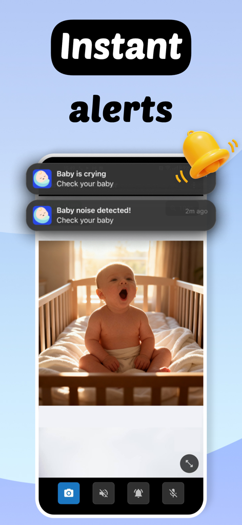 Baby Monitor Camera - NannyCam - Smartphone screen showing baby monitor app with instant cry alerts