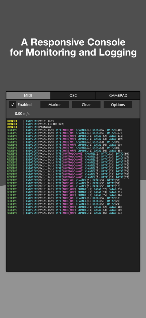 Interfaz de la app Protokol mostrando un registro de datos MIDI en tiempo real en una consola receptiva.
