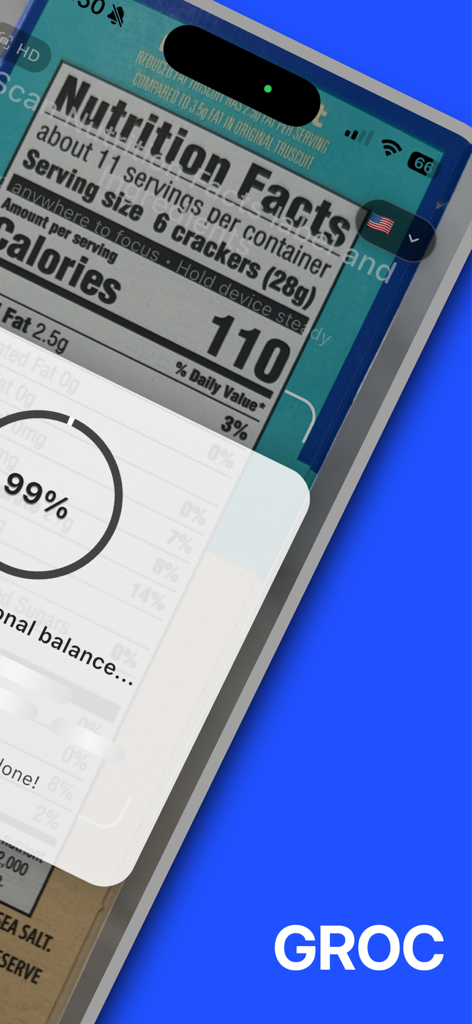 GROC AI - A smartphone using the GROC AI app to scan a food nutrition facts label for ingredient analysis