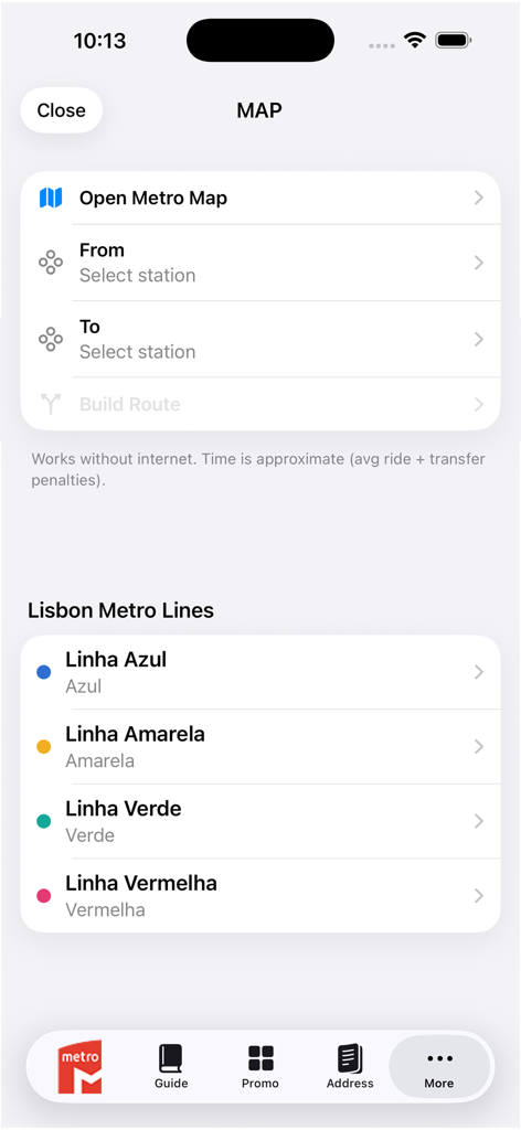 ルートプランナーと地下鉄路線リストを表示するリスボン地下鉄マップアプリのインターフェース。