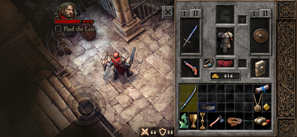 Shadowborn - A split screen showing a character exploring a dungeon and a detailed inventory menu with equipment and items