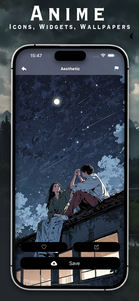 Anime Theme: Icons, Widgets - Aesthetic anime wallpaper showing a couple on a rooftop under a starry night sky