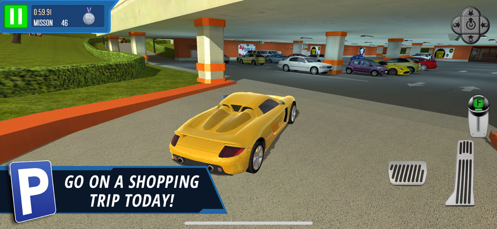 Multi Level: Shopping Mall - Yellow sports car navigating a crowded multi-level parking garage in a driving simulator