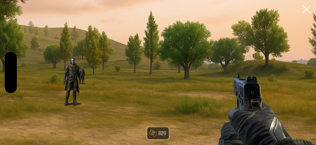 First-person view of a character holding a pistol in an open field with armored enemies.