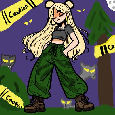 girl in baggy pants crop top and long hair