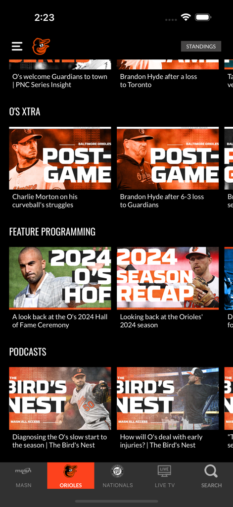 MASN - MASN app interface showing Baltimore Orioles sports content including post-game videos and podcasts.