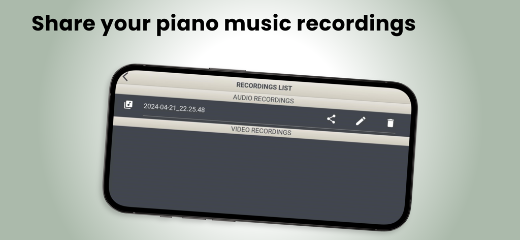 Uno schermo di smartphone che visualizza l'elenco delle registrazioni con opzioni per condividere file audio e video nell'app Tastiera Pianoforte Virtuale