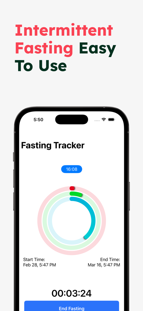 Easy Fast - Fasting Tracker - Interface de l'application Easy Fast montrant un suivi du jeûne intermittent avec des anneaux de progression circulaires et un compte à rebours