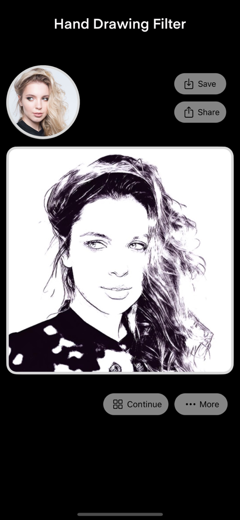 AI Face Magic - Your Bald Head - A woman portrait transformed into a black and white hand drawing using an AI filter