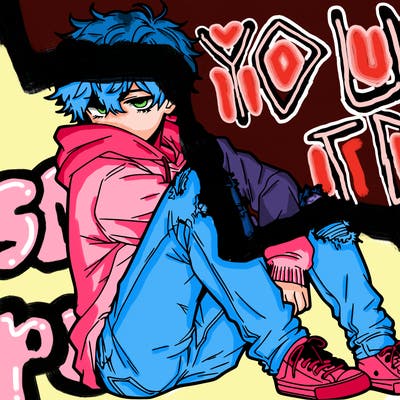 a male hoddie ripped jeans messy hair anime