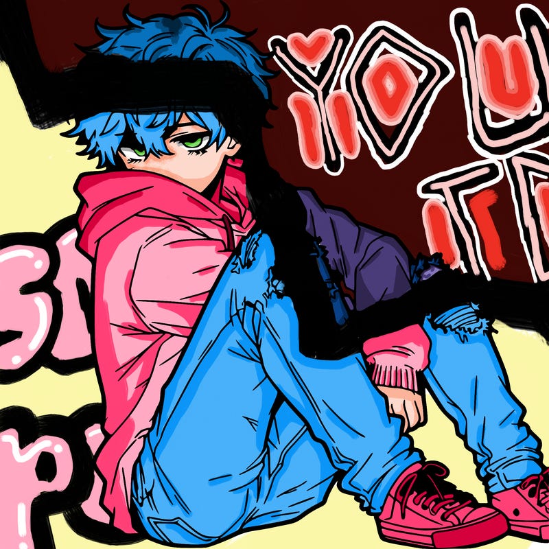 a male hoddie ripped jeans messy hair anime