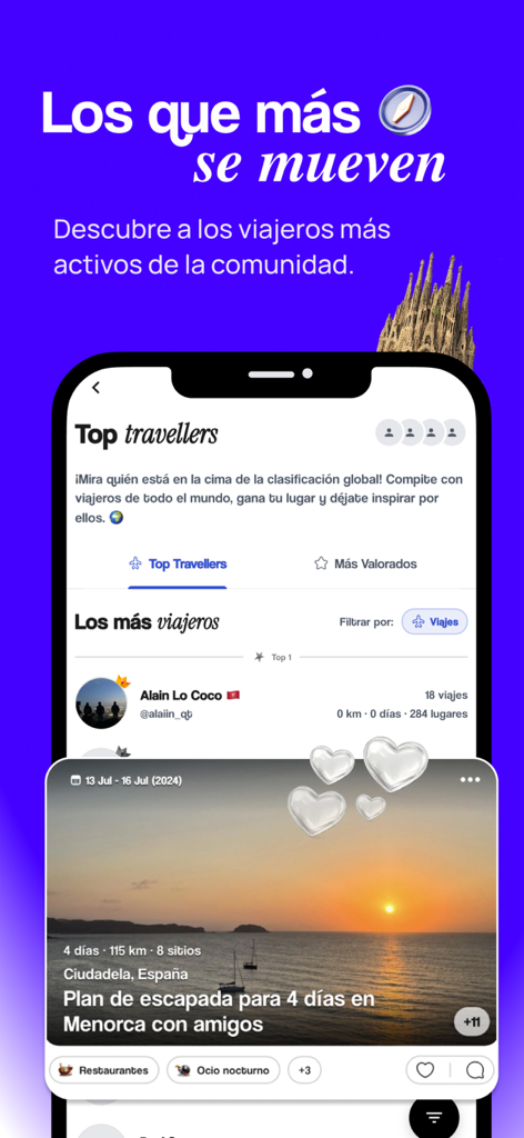 Went App interface showing a top travelers leaderboard and a shared travel memory of a sunset in Menorca