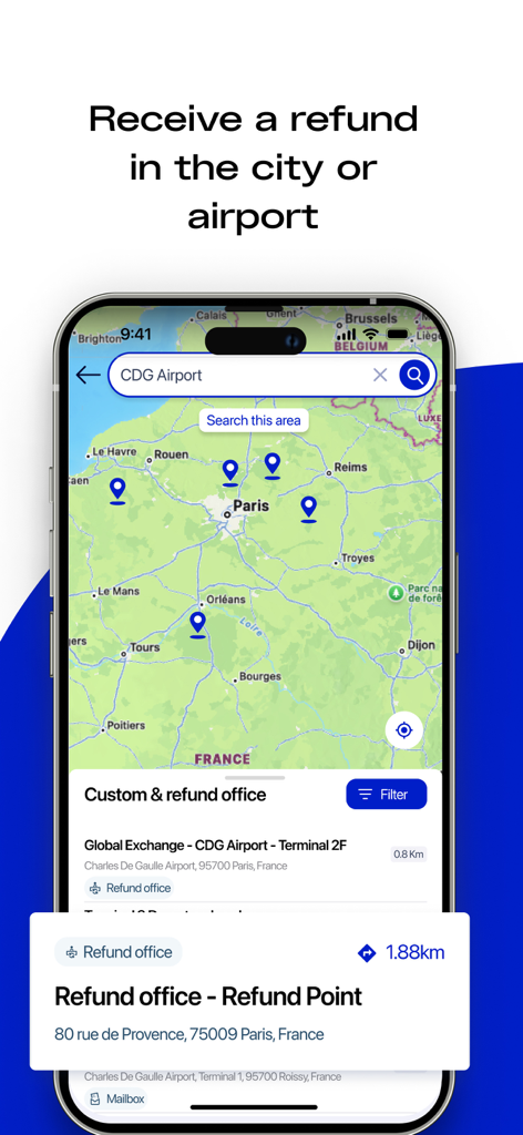 Global Blue - Shop Tax Free - Global Blue app map showing tax refund office locations in Paris and CDG airport