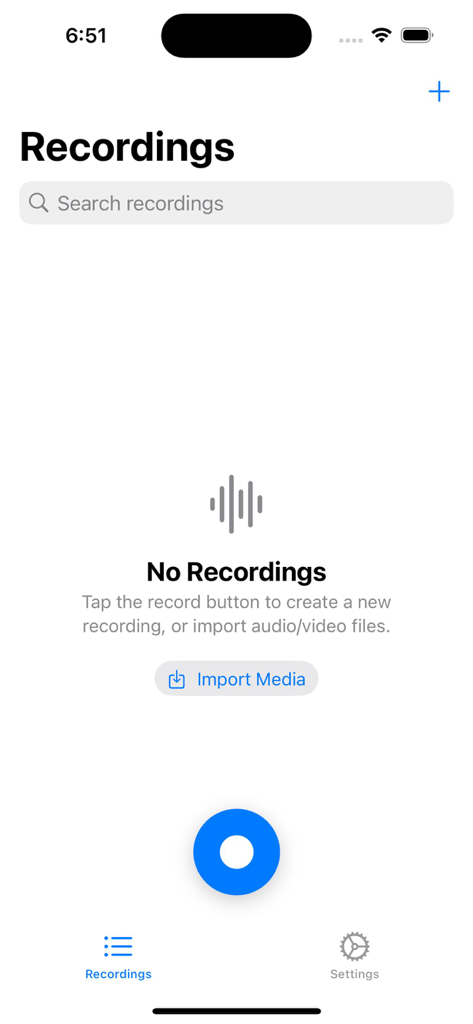 SecureVox - Main dashboard of the SecureVox app featuring a search bar, an empty recordings list, and a blue record button.