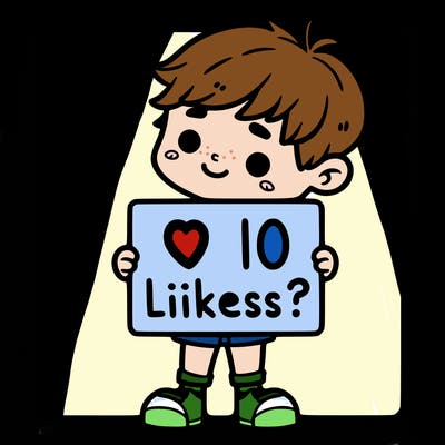 little boy holding a sign that says 10 likes?
