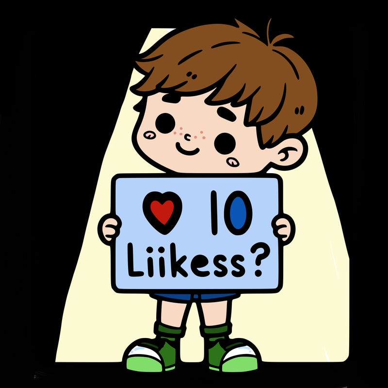 little boy holding a sign that says 10 likes?