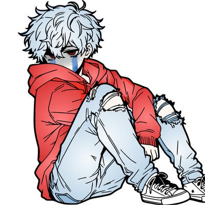 a male hoddie ripped jeans messy hair anime
