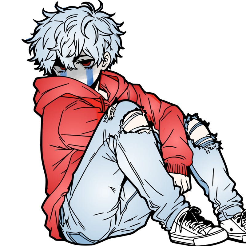 a male hoddie ripped jeans messy hair anime