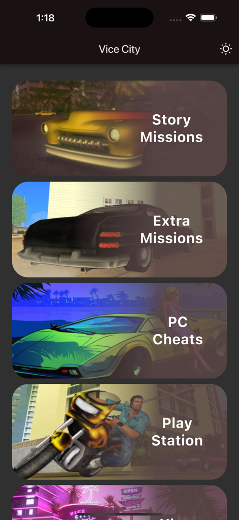 GTA Vice City cheat codes app menu showing options for story missions extra missions and platform cheats