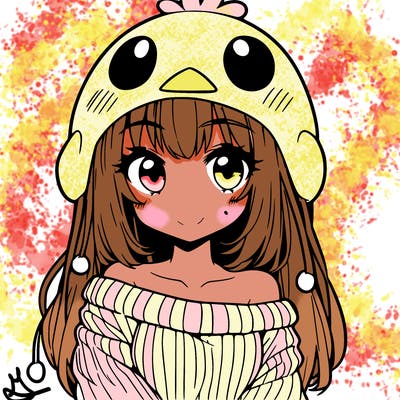 anime girl with chick shaped hat with sweater with bare shoulders with bangs covering them one eye with low tail