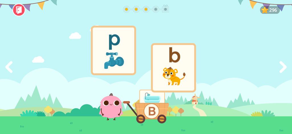 Bildschirm eines Lernspiels, das eine Figur mit den Buchstabenkarten b und p zeigt.