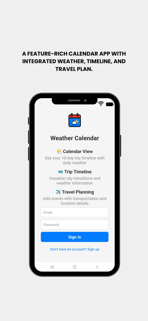Weather-Calendar - Login screen for the Weather Calendar app listing its main features