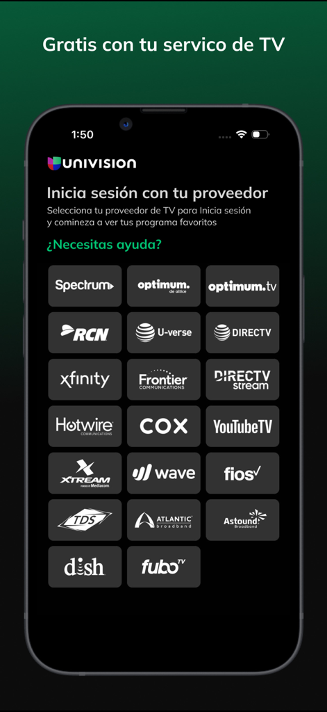 Univision App login screen showing a list of TV providers including Xfinity DirecTV and Spectrum