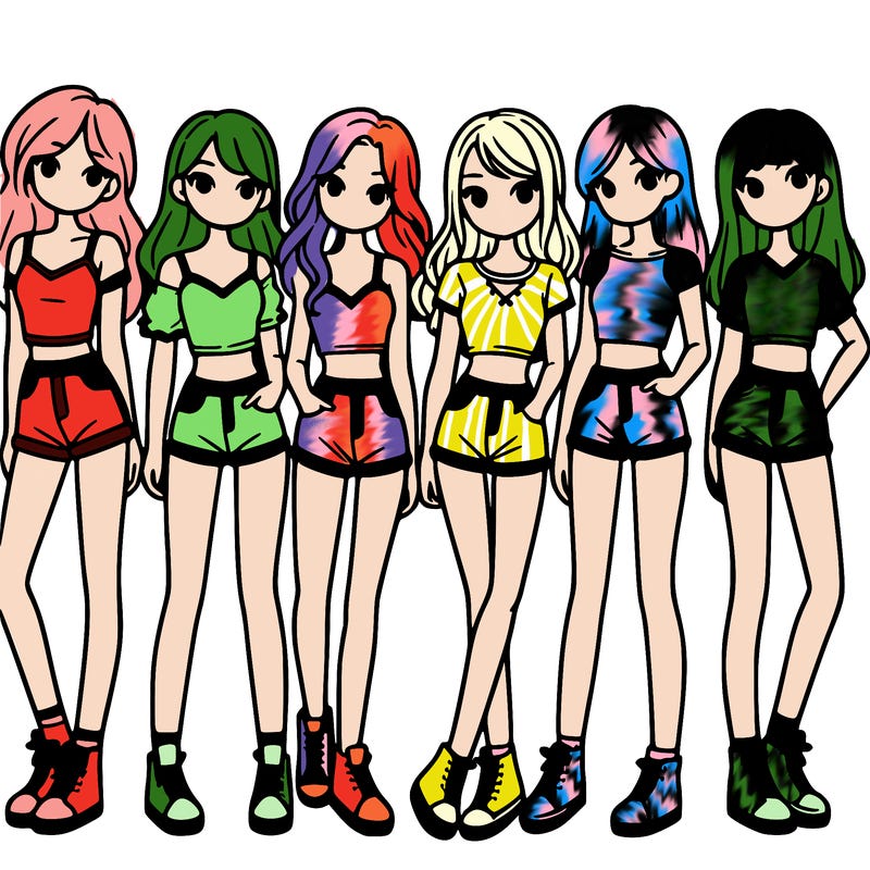 a group of girls wearing crop tops and shorts