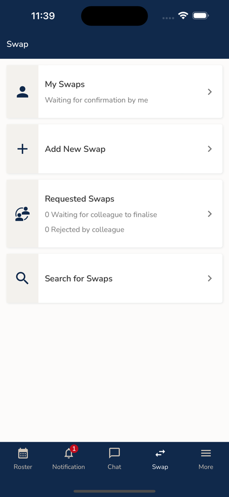 Una pantalla en la aplicación PDC CrewConnex que muestra opciones de intercambio de guardias, incluyendo agregar nuevo intercambio y buscar intercambios