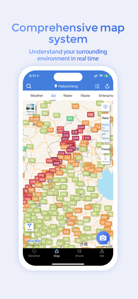 Blue Map - Blue Map app showing real-time air quality data markers on a comprehensive map system