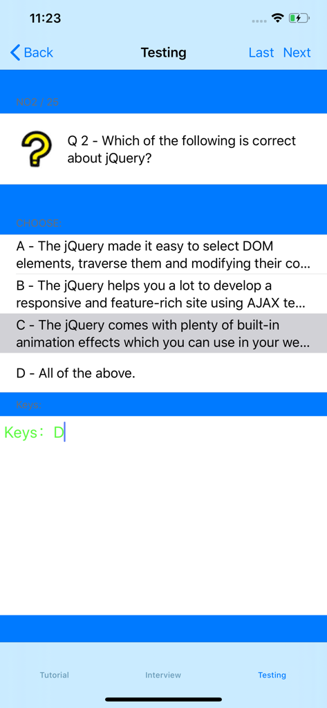 Tutorial for jQuery - jQueryチュートリアルアプリの選択問題形式のクイズ画面。jQueryの機能について質問しています。