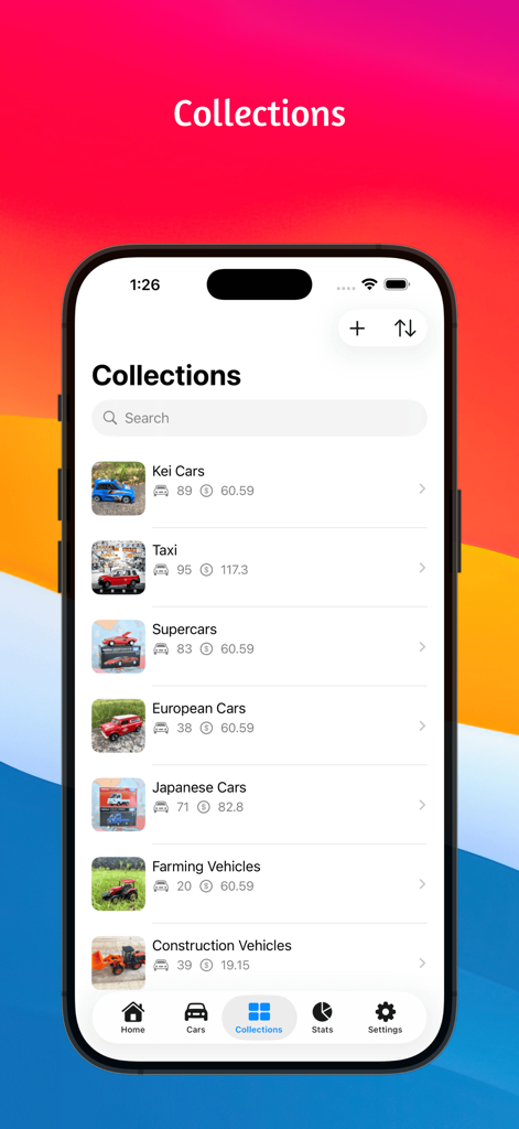 My Diecast Cars - A list of diecast car collections categorized by type like Supercars and Japanese Cars in the My Diecast Cars app.