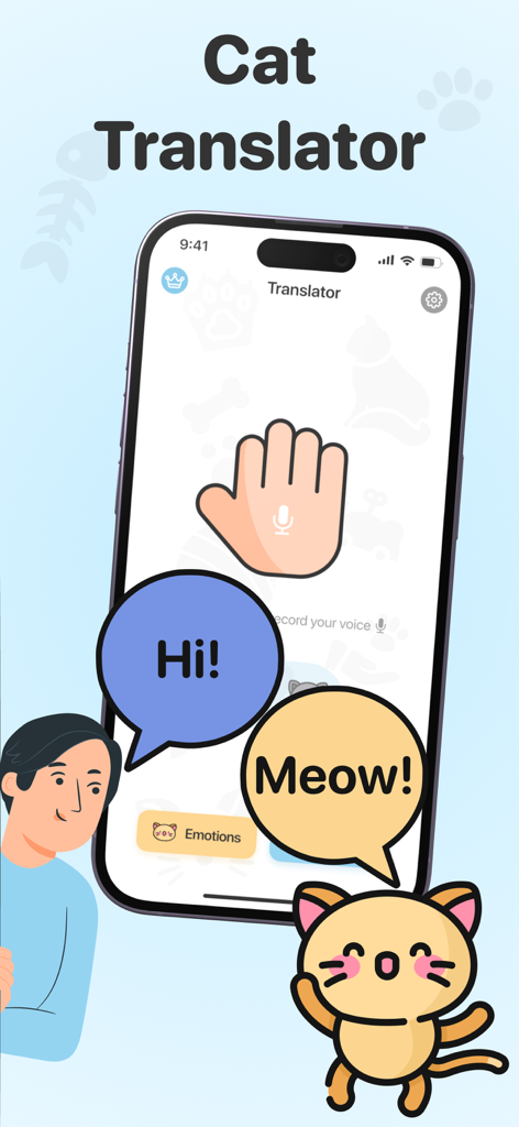 Cat Translator – Meow & Talk - Interface of the Cat Translator app showing a man saying Hi and a cartoon cat saying Meow
